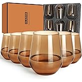 GLAZVIA Brown Stemless Wine Glasses Set of 6, 15oz Drinking Glassware Dishwasher Safe, Wine Glass Tumblers for Red or White, Gift for Party, Holiday, Anniversary, Restaurant, Home Bar, Daily Use
