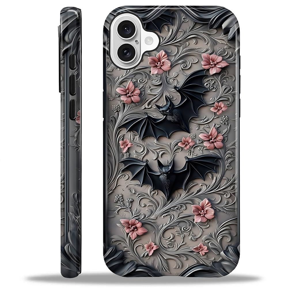 Compatible with iPhone 16 Case - Dual-Layer Protection, Hard Shell with Silicone Interior,Slim Scratch Resistant Shockproof for Woman Men - Gothic Bats and Flowers