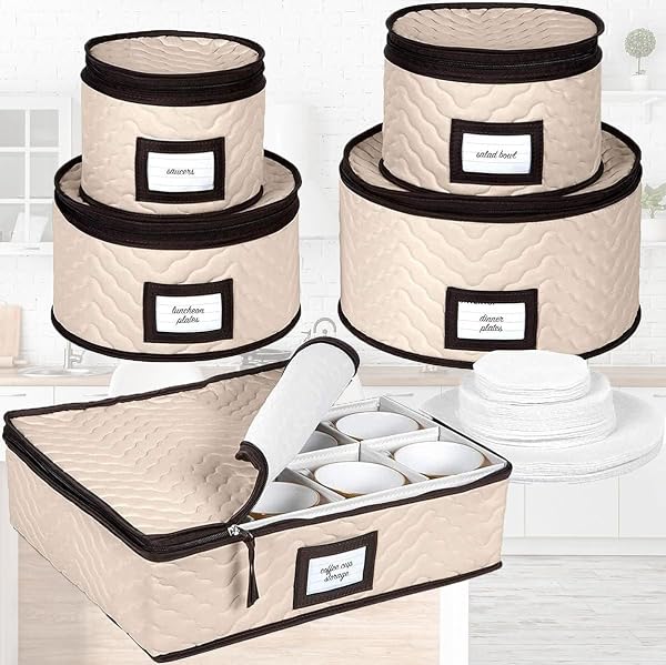 CHINA STORAGE CONTAINERS 5-PIECE SET MOVING BOXES FOR DINNERWARE, GLASSES, PLATES, MUGS AND SAUCERS STURDY QUILTED MICROFIBER DISH ORGANIZER WITH DIVIDERS FOR SEASONAL STORAGE – HOLDS SET OF 12