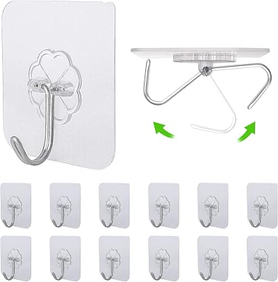 Relazoom 12 Pack Self Adhesive Hooks Heavy Duty 15kg Transparent No Drill