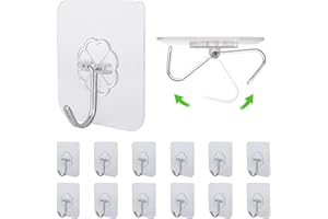 AMAZOPEN 12 PCS Self Adhesive Hooks for Hanging - 33lb Max, Transparent Stick on Hooks for Coat & Towel - Sticky Hooks for Hanging Heavy Duty Picture, No Damage Wall Hook for Bathroom, Kitchen, Ceiling & Key