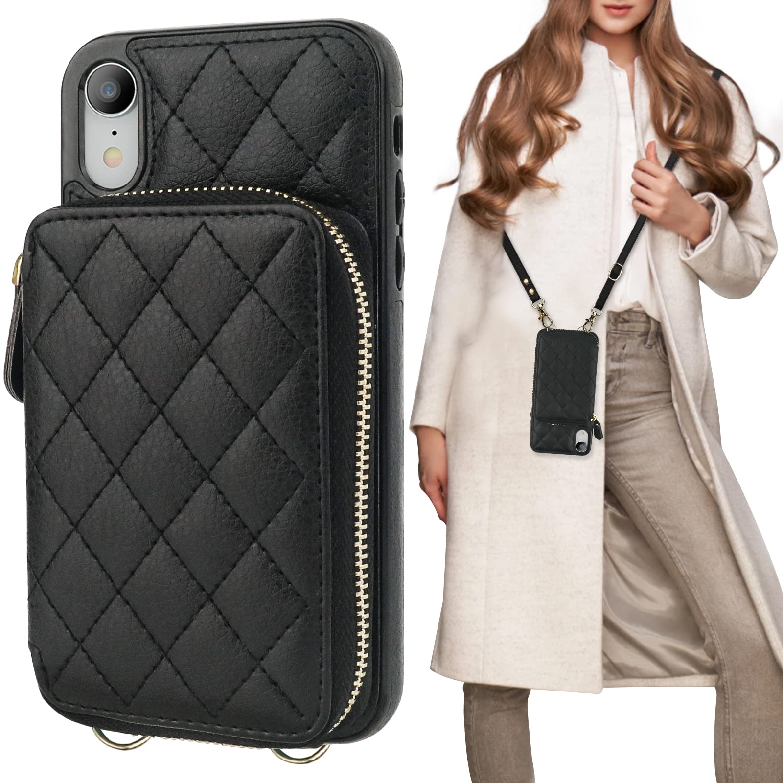 Photo 1 of Bocasal Crossbody Wallet Case for iPhone Xr, RFID Blocking PU Leather Zipper Handbag Purse Flip Cover, Kickstand Folio Case with Card Slots Holder Wrist Strap Lanyard 6.1 Inch (Black)
