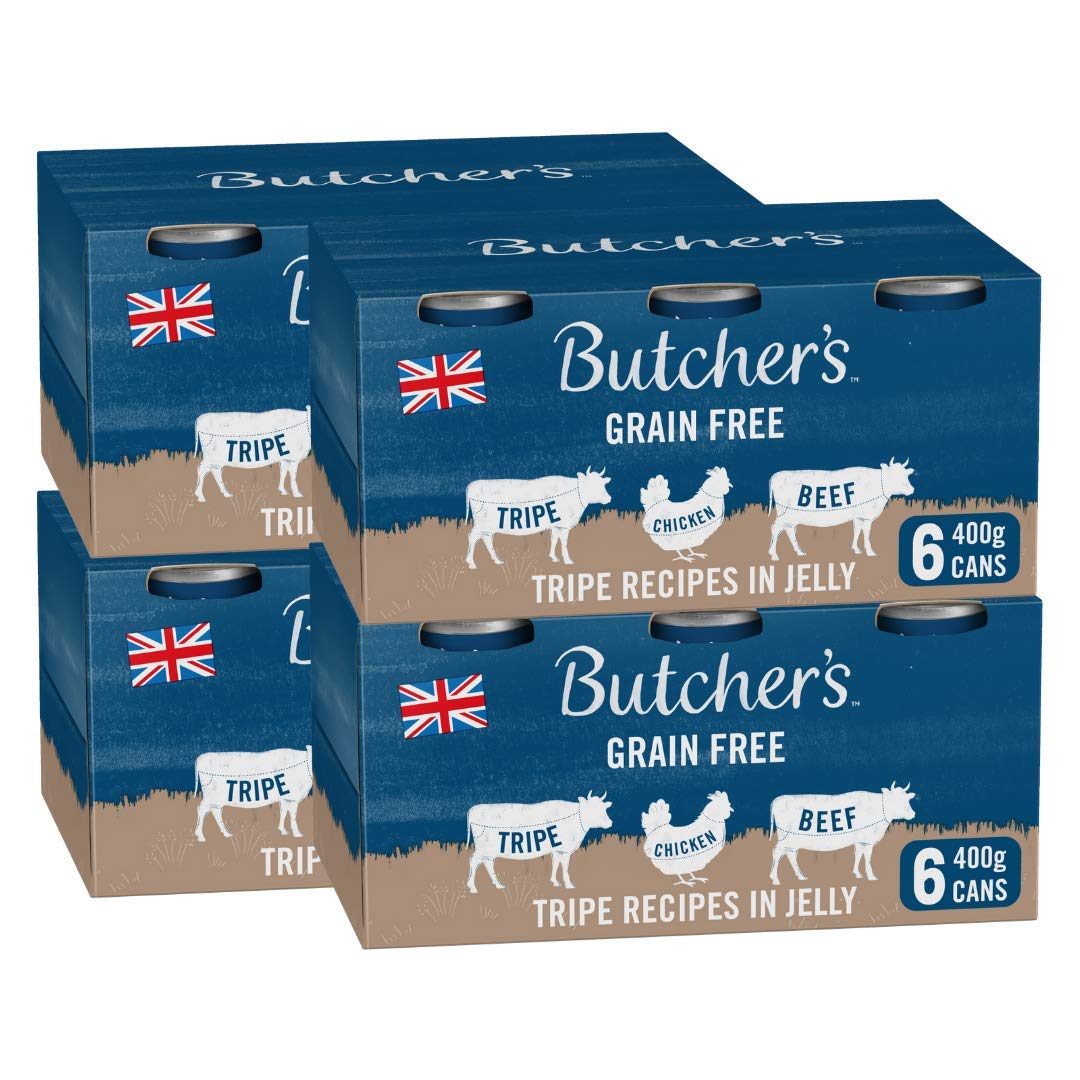 Butcher's Grain Free Tripe Recipes in Jelly Wet Dog Food Tin Cans Variety Pack, 9.6 kg (24 x 400 g)