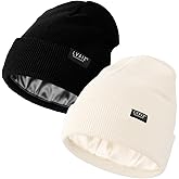 2 Pack Satin Lined Beanie Hats for Men Women Winter Warm Knitted Cuffed Silk Lined Slouchy Skull Cap