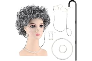 Kavoc Old Lady Costume for Kids Granny Wig Old People Walking Cane Faux Pearl Bead Necklace for Halloween Grandma Costume