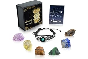 Nicetage Gemini Healing Crystals Gift Ideas 12 Zodiac Signs Natural Healing Crystals with Horoscope Box Set, 6 Crystal Stones, 1 Zodiac Bracelet and Info Guide Gemini Gifts for Women