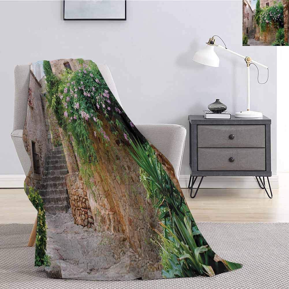 Landscape Soft Throw Blanket for Bed Couch Summer Garden Flowers Marigold Stones Antique Ancient House in Spain Art Print Super Soft Cozy Queen Blanket W57 x L74 Inch Multicolor