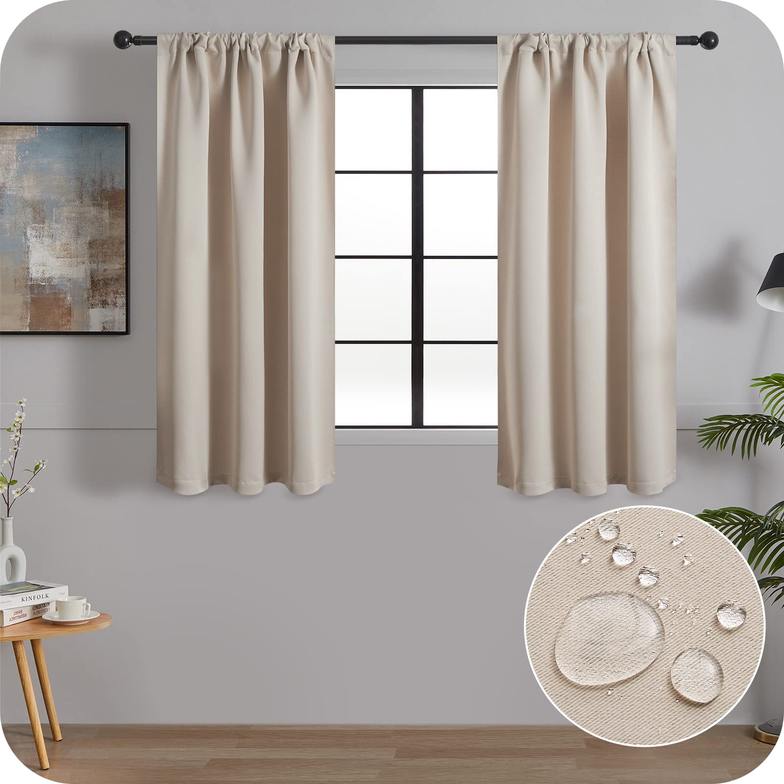 MRTREES Beige Kitchen Curtains for Windows, 2 Panels Waterproof Bathroom Curtains, Short Blackout Curtains 30x45 Inch 75x115 CM, Beige — image 1