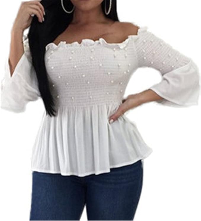 Schulterfrei Schulterfreies Bardot Langarm Weiten Glockenärmel Trompete Ballon Ärmeln Ärmel Rüschensaum Volant Rüschen Saum B