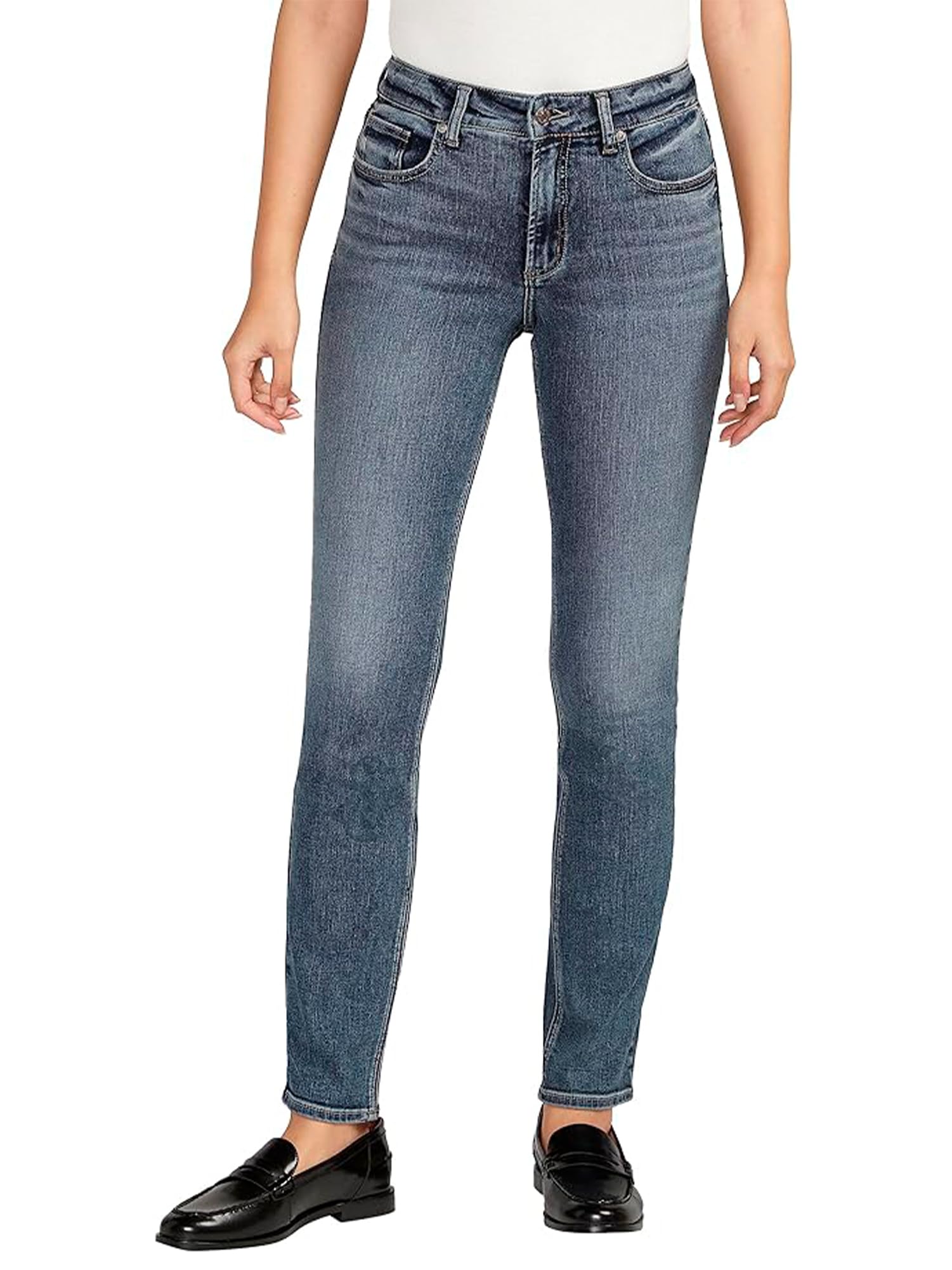 Silver Jeans Co. Women’s Most Wanted Mid Rise Straight Leg Jeans, Med Wash EDB341, 34W x 29L