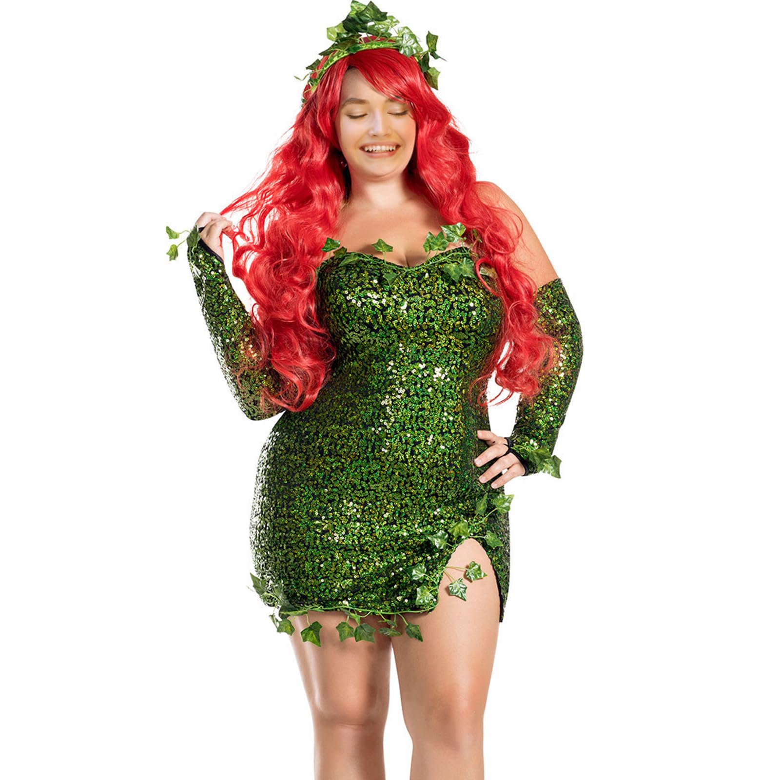 Edhomenn Deluxe Green Ivy Costume Ladies Halloween Costumes Fake Leaves Sleeveless Sequin Dress with Gloves (01 Green, L)