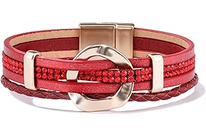 FANCY SHINY Leather Cuff Bracelet Circle Rhinestone Wrap Bracelet Stackable Multi Layer Wristband with Clasp Boho Jewelry Gift for Women