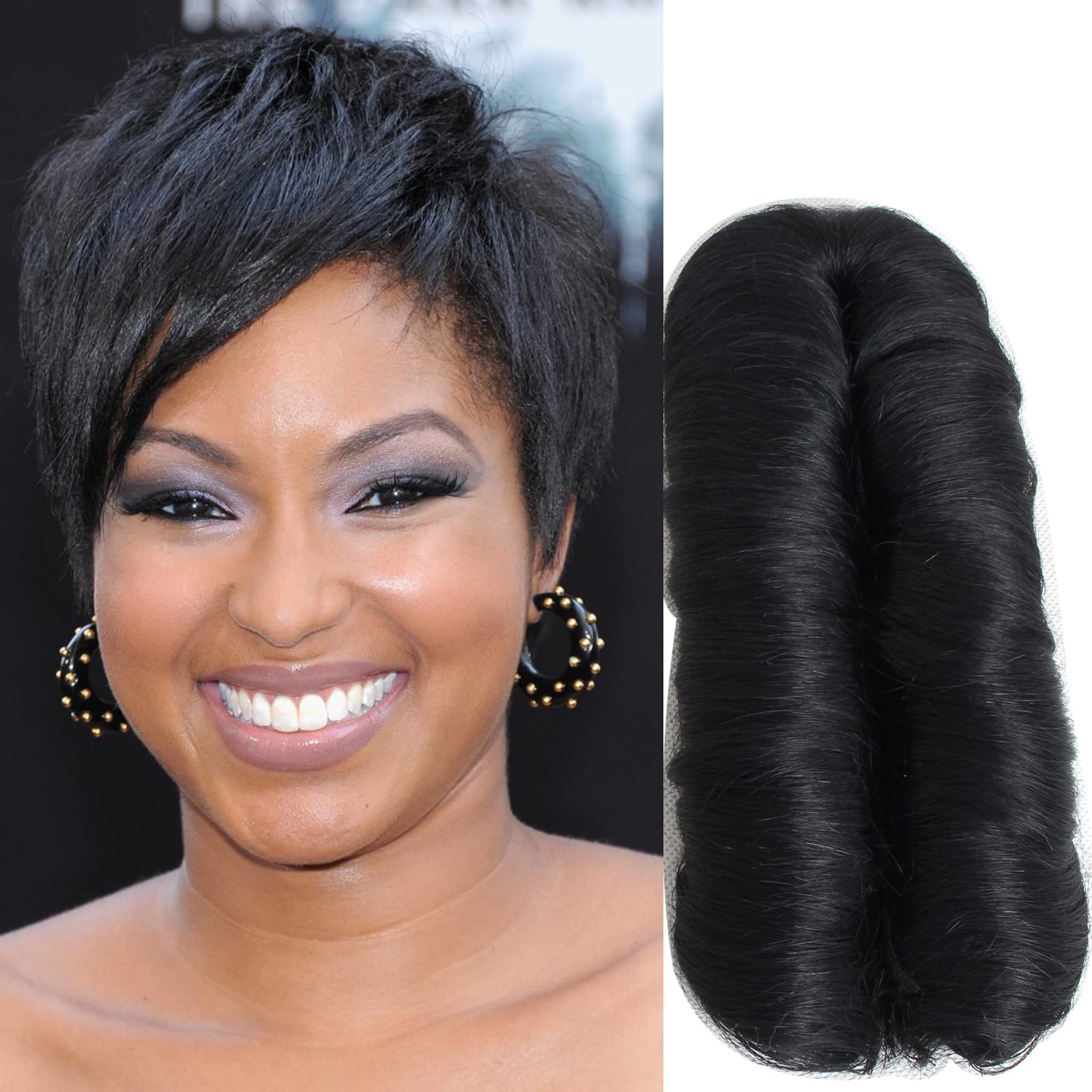 Photo 1 of Flosius 28 Pieces Short Human Hair Weave with Top Closure Straight Brazilian Virgin Hair Extension for Black Women (Black)