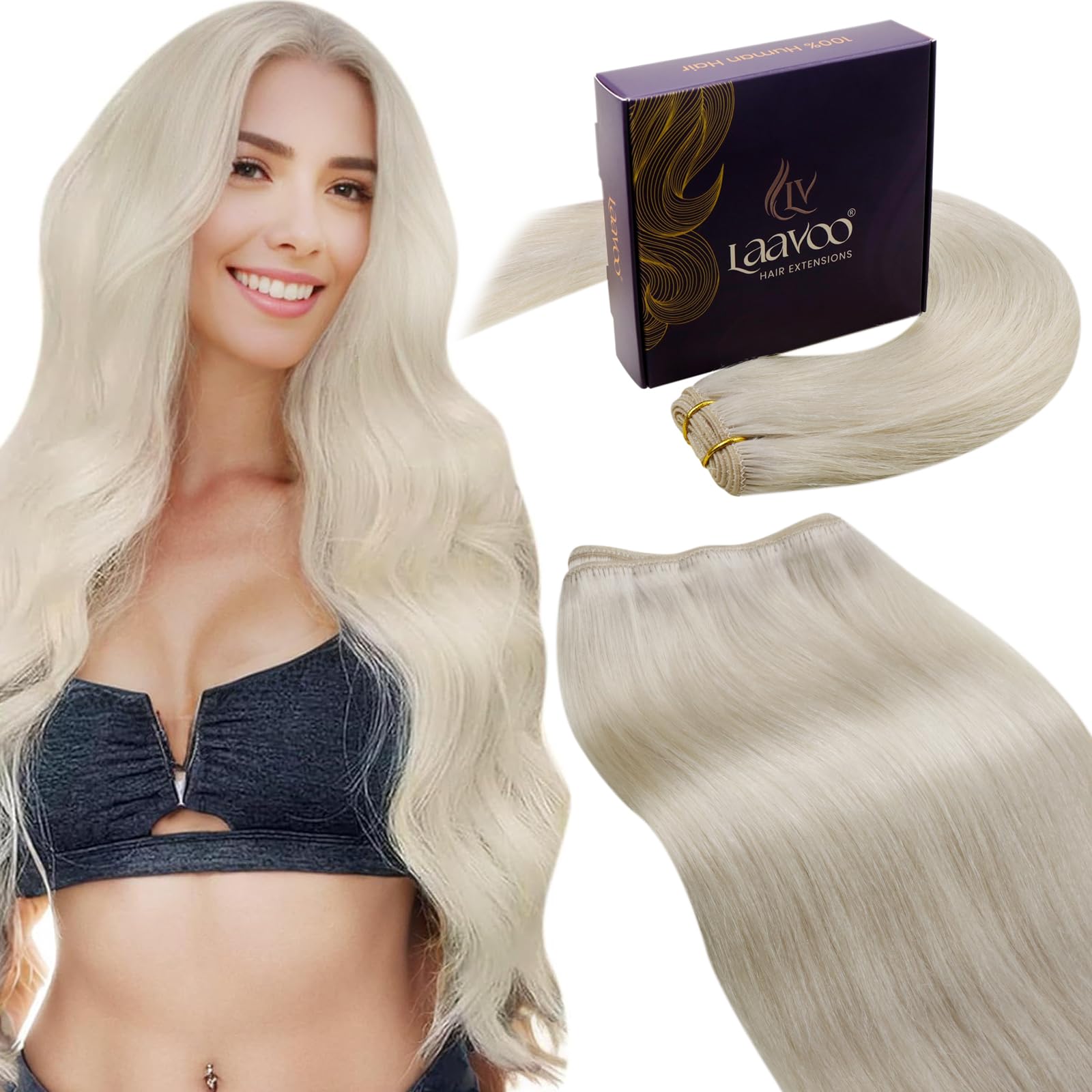 LaaVoo Weft Hair Extensions Real Human Hair Blonde 100g 18 Inch Sew in Hair Extensions Full Head Straight Remy Invisible Double Weft Weave #60 — image 1
