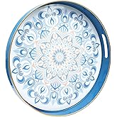 SforGUVA Round Blue Decorative Tray for Coffee Table, Ottoman, 13” Plastic Serving Platter Tray with Handles for Entertaining, Living Room