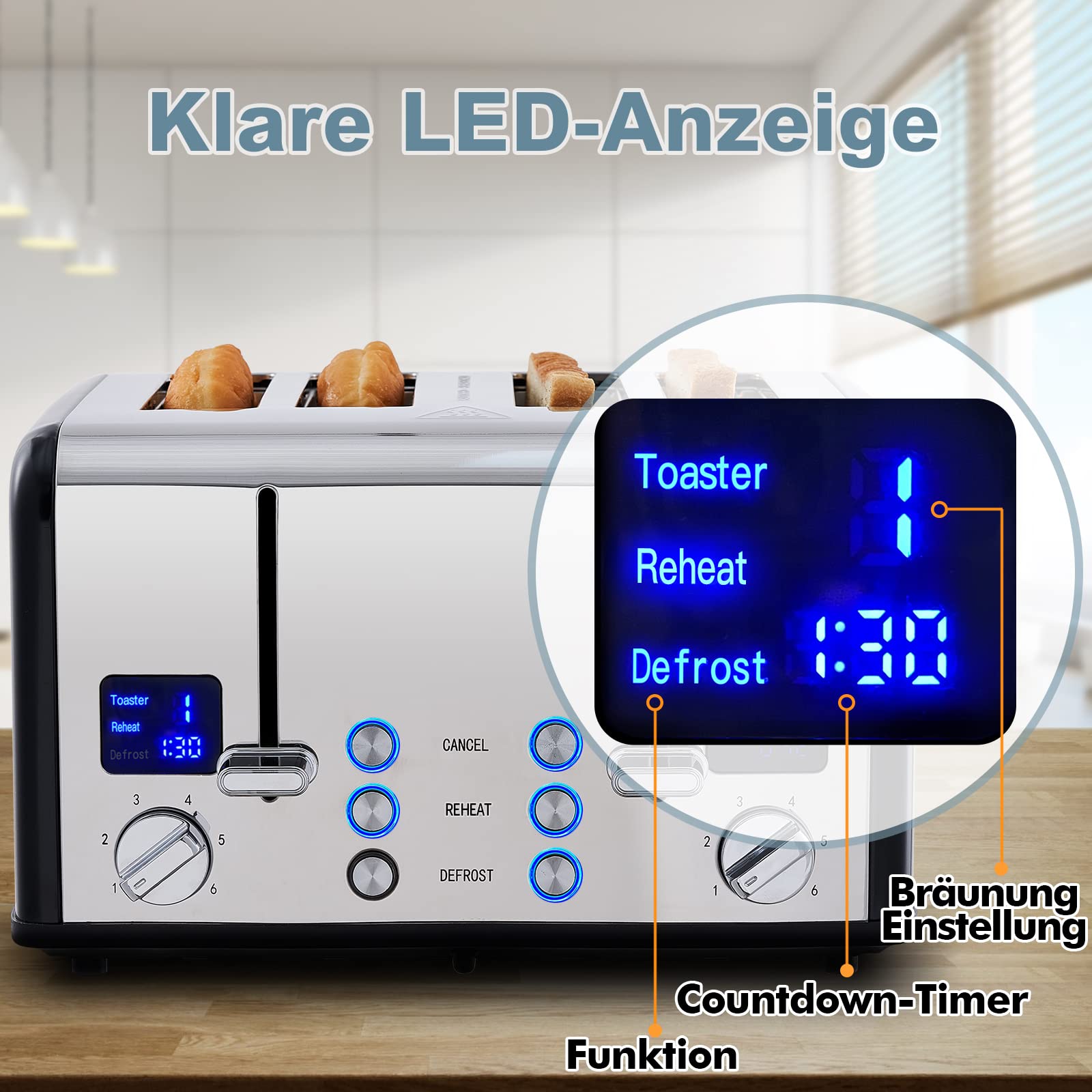 Toaster 4 Scheiben, CUSIMAX Edelstahl mit LED-Anzeige, 4 extra breite schlitze toaster schwarz, 2 individuelle Bedienfelder mit 6 Bräunungsstufen, Abbrechen, Aufwärmen & Auftauen Funktion 2