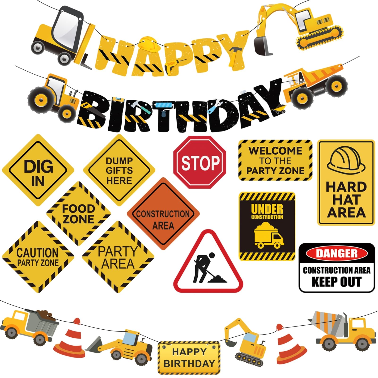 Photo 1 of 14 Packs Construction Happy Birthday Banner Vehicle Truck Garlands and Truck Cutouts Traffic Road Signs Birthday Party Decorations for Kids Boy Baby Shower Decorations (Construction)
