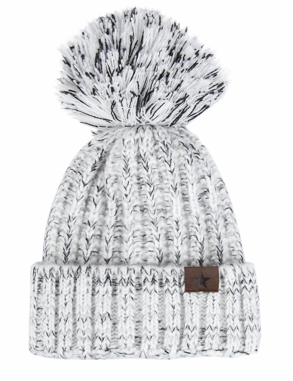 EVRFELAN Winter Fox Pompom Beanie Cable Knit Warm Hat Ribbed Ski Skull Cap (Grey)