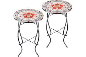 Arbuxzuy 2PCS 14 Inch Small Outdoor Side Table with Pink Flower, Glass Mosaic Patio Table Indoor, Round Plant Coffee Table for Living Room, Balcony, Garden