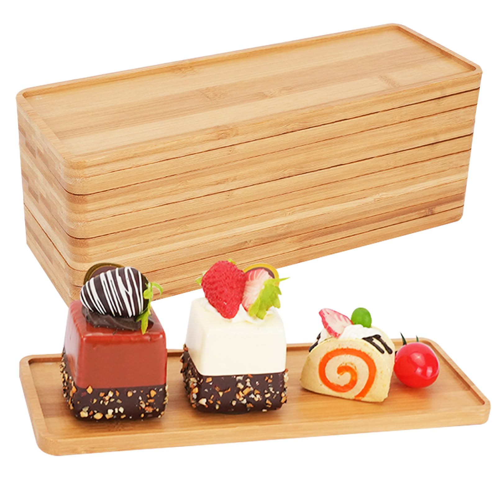 Photo 1 of 10 Pcs Wood Serving Trays, Rectangle Bamboo Tray for Bathroom, Wooden Serving Platter Vanity Tray for Dresser Snack Food Dinner Kitchen, 11 x 4 Inch(Rounded Edges)