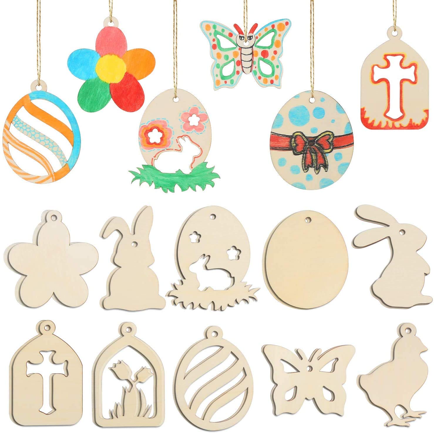 FINGOOO 20 Pieces Easter Unfinished Wooden Crafts, Wooden Shapes Ornament Mixed Patterns with Water Colour Pens