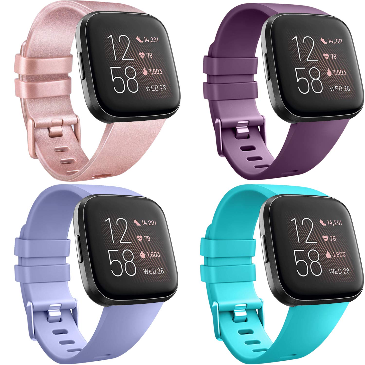 [4 Pack] Straps compatible with Fitbit Versa 2, Fitbit Versa, Versa Lite/SE, Classic Silicone Adjustable Replacement Accessories for Women/Men, Small/Large (Rose Gold/Purple/Lavender/Teal, Large)