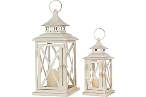 NEEDOMO Lanterns Decorative Outdoor&Indoor, Set of 2 (14"&10") Beige Metal Lantern Decor with Glass, Candle Holder for Porch, Patio, Garden, Balcony, Wedding, Table Centerpiece