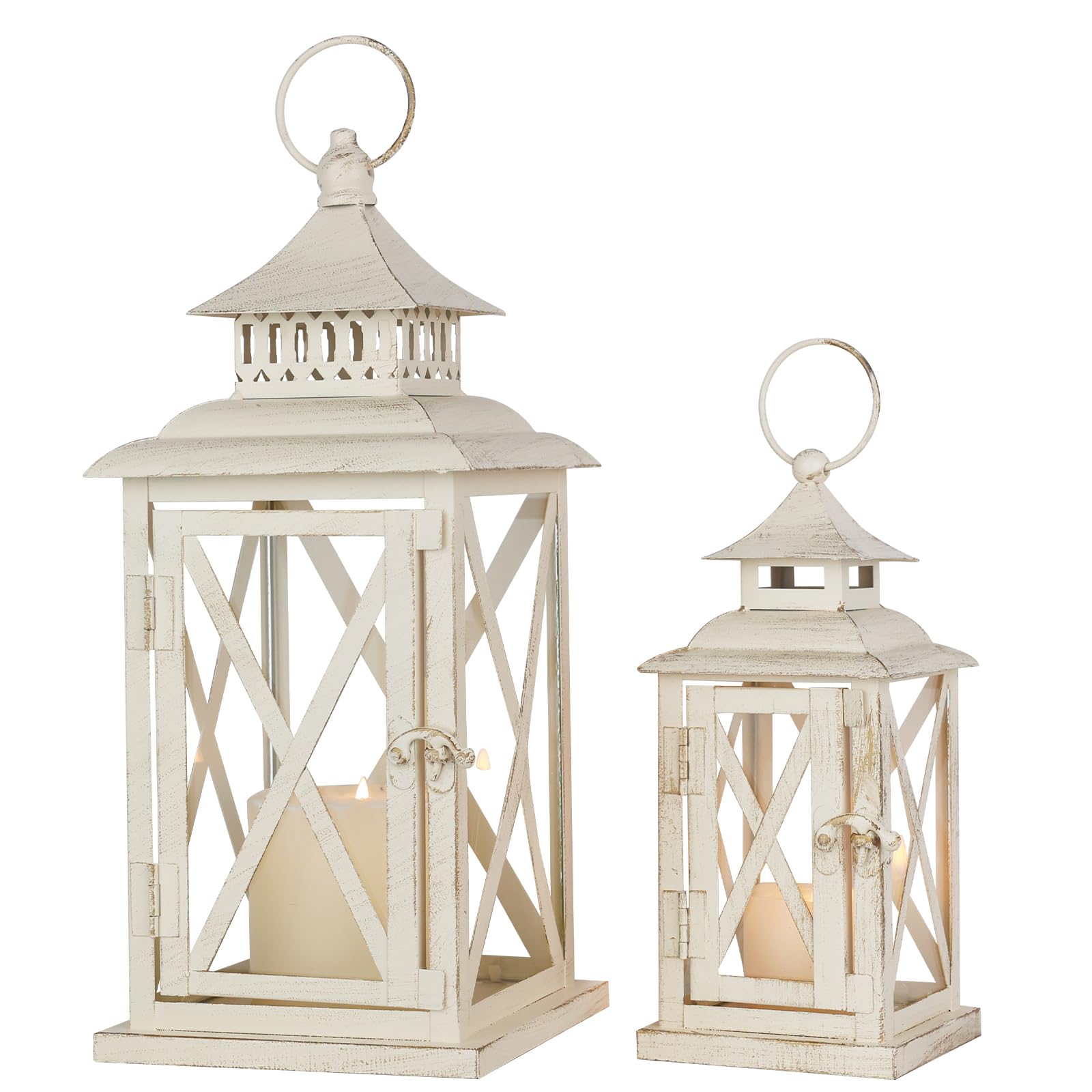 Photo 1 of Lanterns Decorative Outdoor&Indoor, Set of 2 (14"&10") Beige Metal Lantern Decor with Glass, Candle Holder for Porch, Patio, Garden, Balcony, Wedding, Table Centerpiece