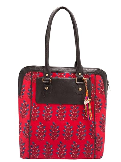 Vivinkaa Ethnic Printed Red Leaf Tote Bag With Zip for Women