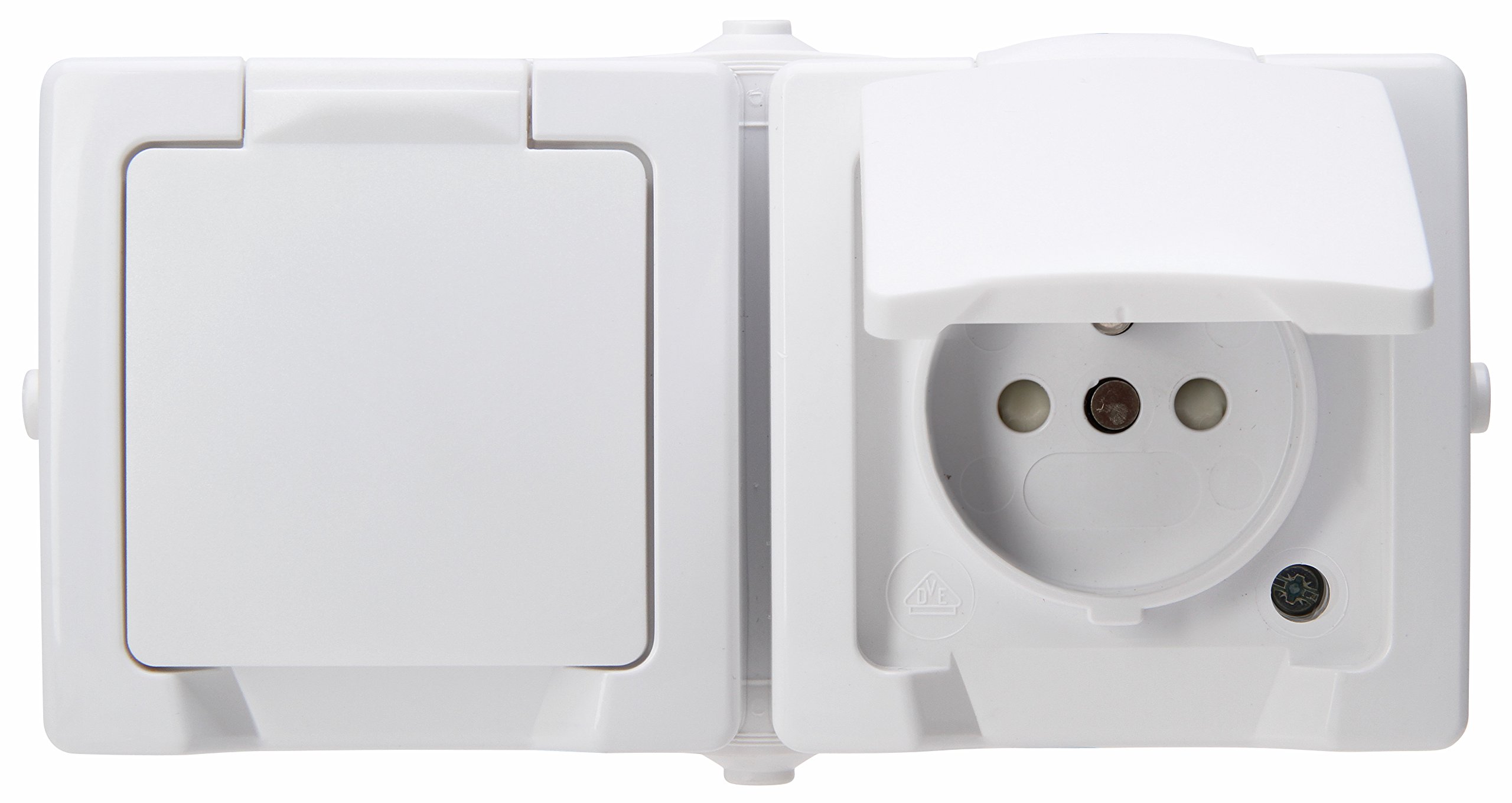 Kopp 137102006 central protective contact socket 2-way with hinged cover and increased contact protection AP-FR Nautic arctic white (only for countries with MSK)