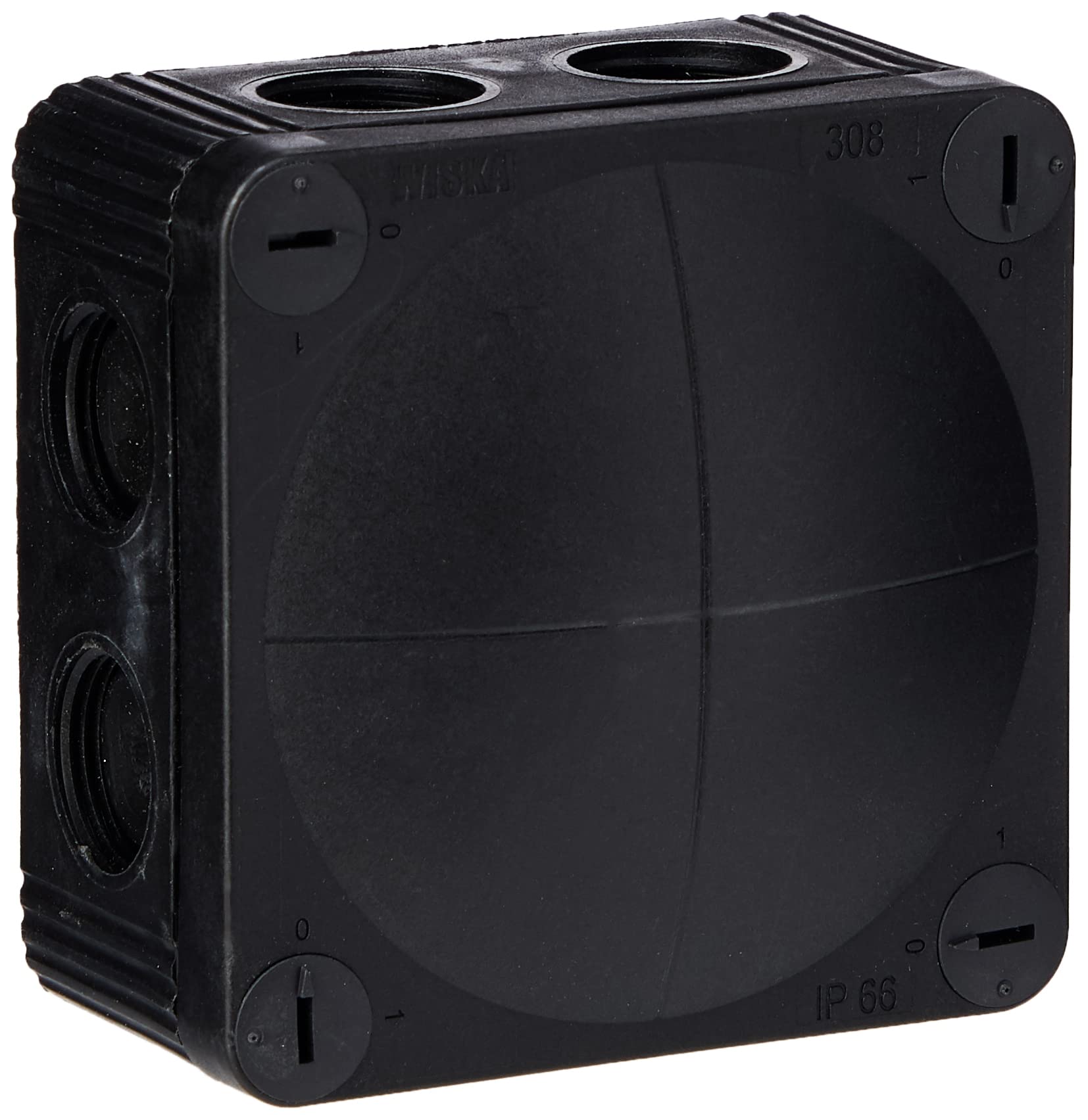 Wiska Combi 308/5 - Black Waterproof Junction Box With 5 Pole 4.0mmsq Screw Terminal & 8 Self Sealing Cable Inlets (IP66 32A L:85x W:85x D:51mm)
