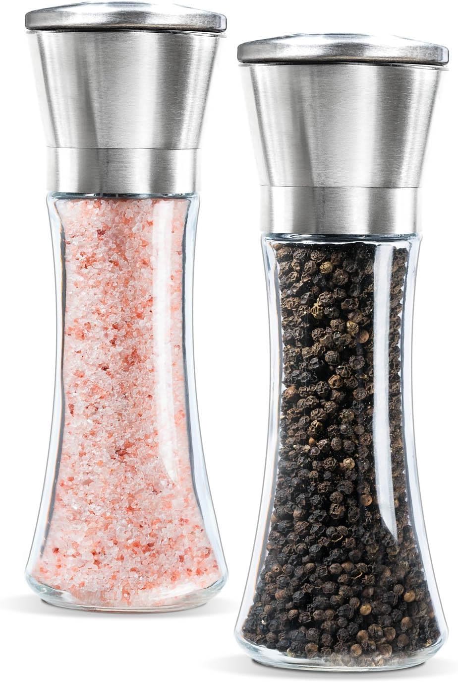 Gudaco Premium Stainless Steel Salt and Pepper Grinder Set, 6 Oz Glass Body, 2 Pieces Pepper Mill and Salt Mill, Adjustable Ceramic Rotor from Fine to Coarse, Salt and Pepper Shakers