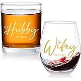 Puuonnnnno Personalized Wedding Gifts 2026, Mr and Mrs Wine Glass Set Gift for Couples, Newlyweds, Friends, Stemless Wine Glass and Whiskey Glass His and Hers Gift for Engagement Marriage