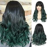 Dai Cloud Black Green Wigs With Bangs for Women Long Wavy Curly Hair Wig Dark Roots Wigs for Women Cosplay Party Daily Use
