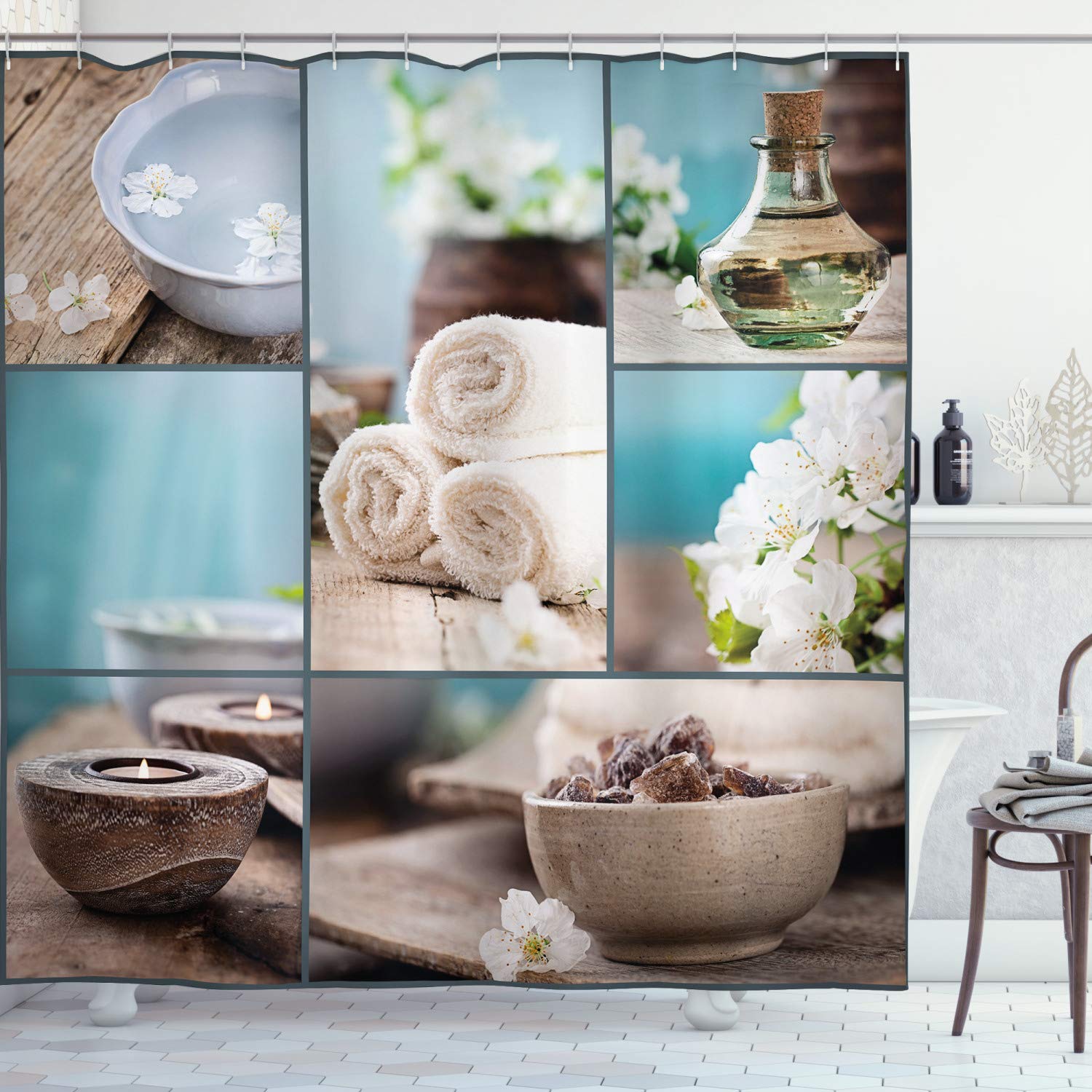 ABAKUHAUS Spa Shower Curtain, Far East Close to Your Heart Massage Theme Collage Oils Candles Flowers Print, Cloth Fabric Bathroom Decor Set with Hooks, 78" Inches, Blue and white — image 1