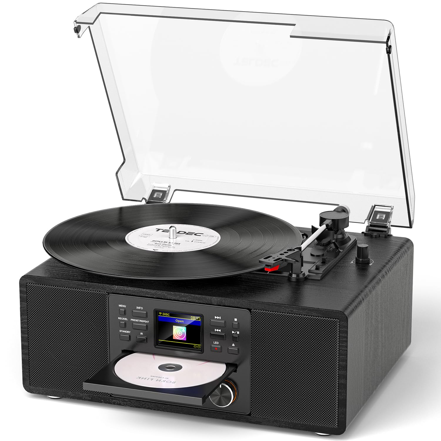 Photo 1 of ***broken***Bluetooth Vinyl Record Player with CD & Internet Radio, 3-Speed Belt-Drive Turntable with USB Recording, AUX/RCA Output, Tone & Remote Control, Vintage Black Vinyl Player for Home Entertainment & Gift