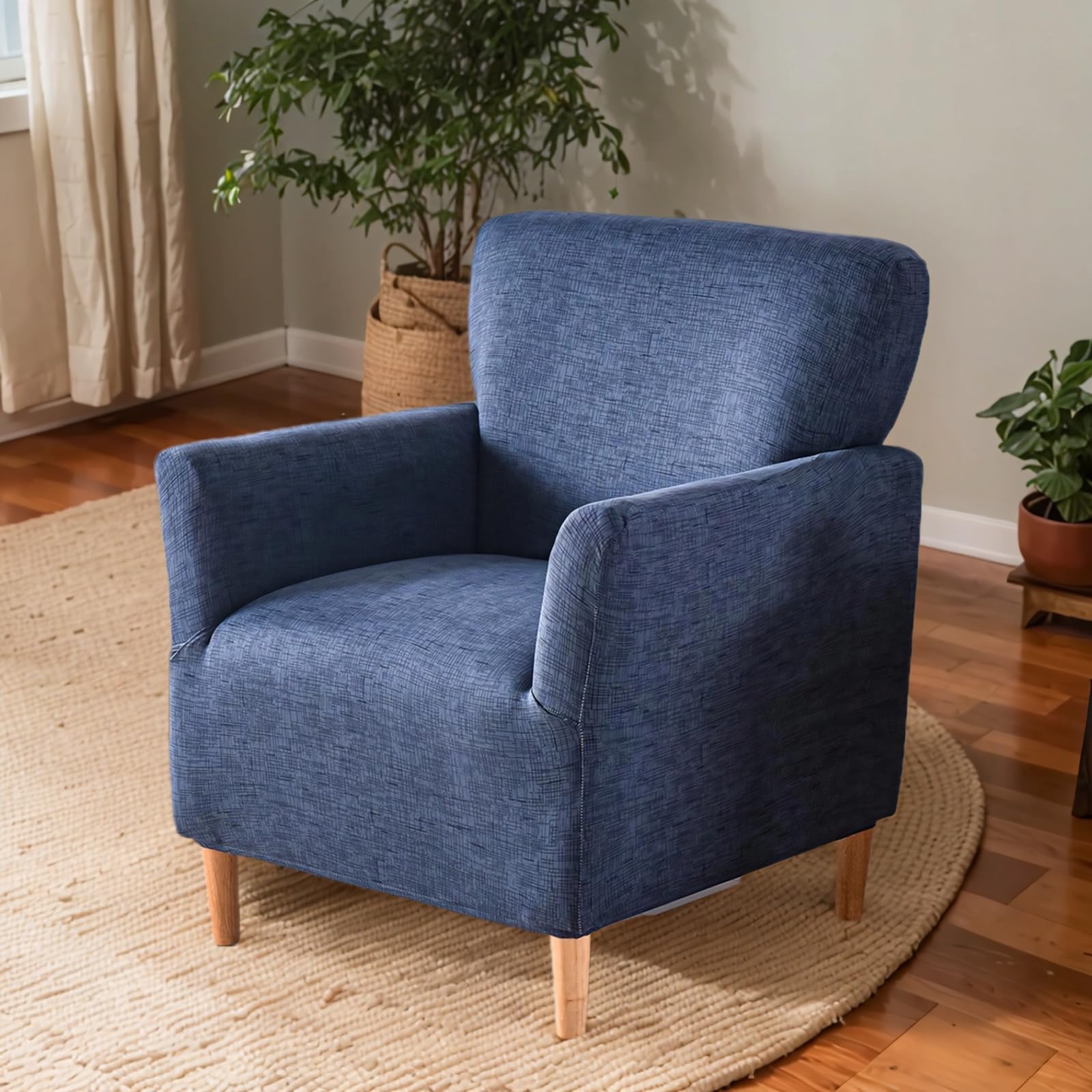 OKYUK Banquet Armchair Slipcovers Printed Chair Slipcovers with Arms 1-Piece Stretch Chair Covers for Living Room Anti Slip Soft Armchair Slipcover Kids Pets Friendly Furniture Protector(Blue plaid)