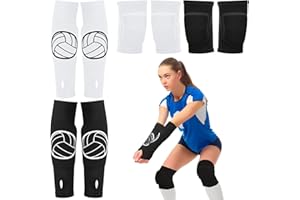 Sosation 2 Set Volleyball Knee Pads and Volleyball Arm Sleeves with Protection Pad Compression Forearm Wrist Guard with Thumb Hole Soft Breathable for Hitting Passing