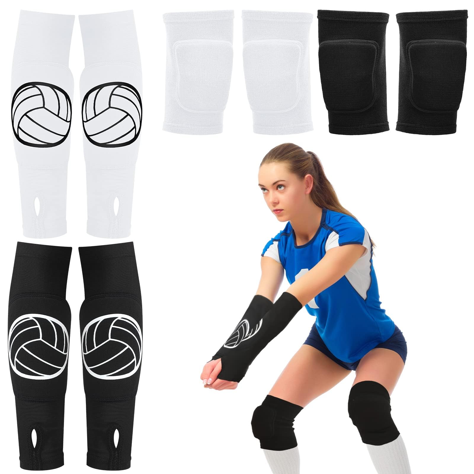 Photo 1 of Sosation 2 Set Volleyball Knee Pads and Volleyball Arm Sleeves with Protection Pad Compression Forearm Wrist Guard with Thumb Hole Soft Breathable for Hitting Passing(Black, White)