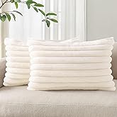 Pallene Faux Fur Plush Lumbar Spring Throw Pillow Covers 12x20 Set of 2, Luxury Soft Fluffy Striped Decorative Pillow Covers for Sofa, Couch, Living Room, Cream White