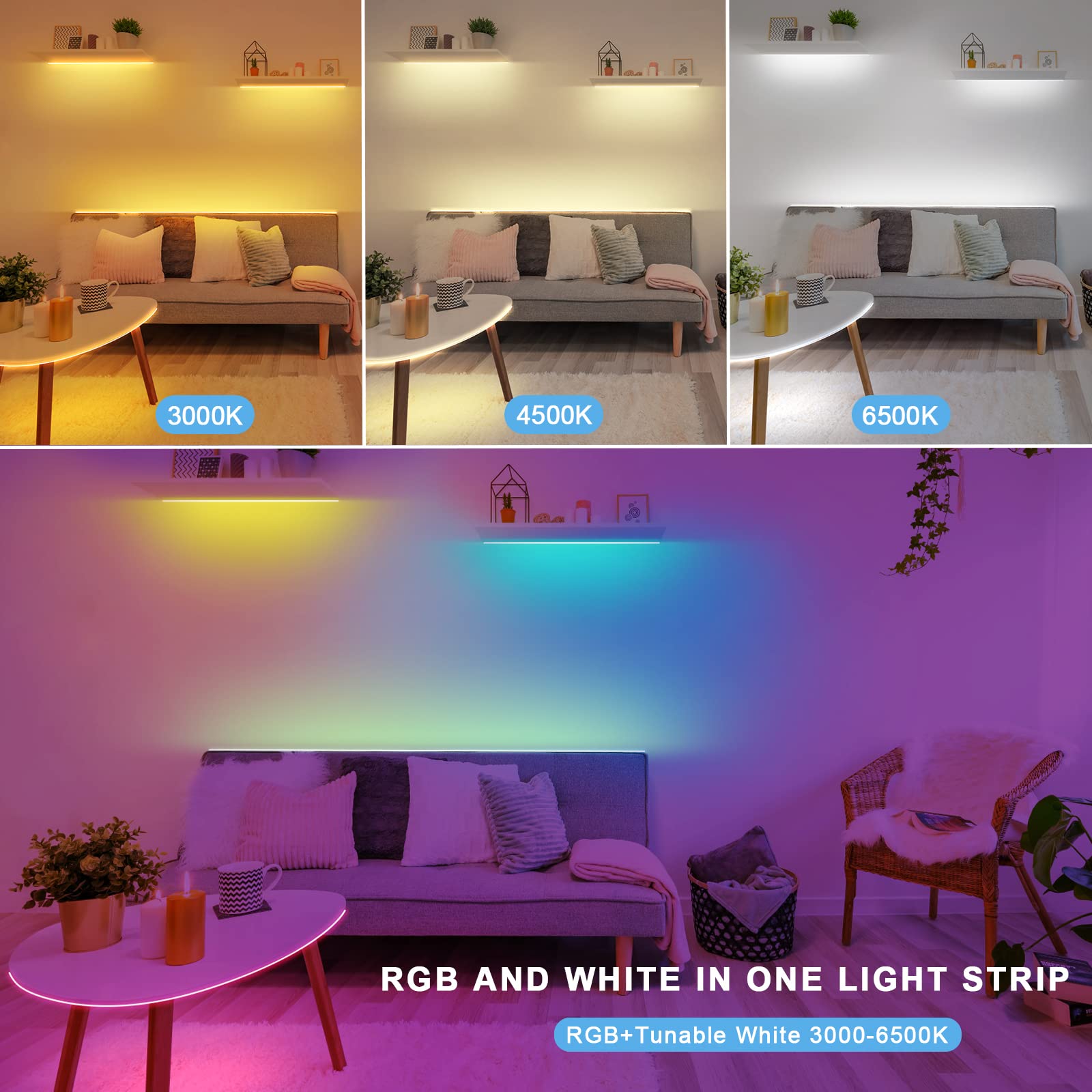 RGBWW Bluetooth LED Strip Lights, 32.8ft Tunable White 3000K to 6500K+RGB Led Light Strips, Music Sync Color Changing Indoor LED Rope Lights with App and Remote for Kitchen, Bedroom, TV