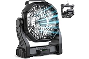 MATULSA Camping Fan Rechargeable, Real 10000mAh Battery Powered Portable Fan with LED Light and Hook, Battery Operated Fans 10-Inch, USB Outdoor Portable Fans for Travel, Fishing, Picnic, Beach, Black