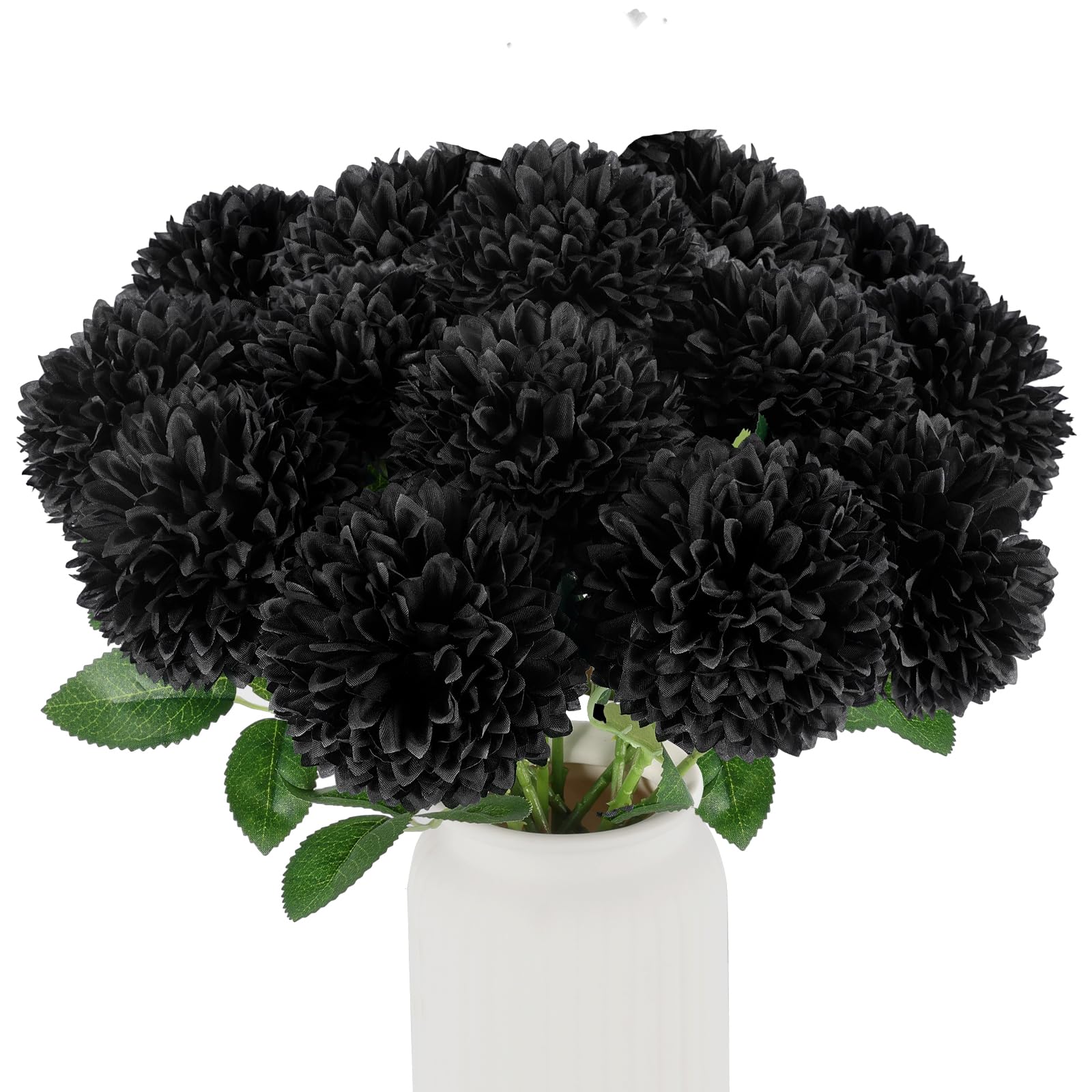 Photo 1 of Hananona 12 Pcs Artificial Chrysanthemums Flowers Ball Flower, Fake Mums Flowers Black Silk Plants for Ghothic Home Decor Indoor Floral Arrangement Halloween Table Centerpiece (12, Black)