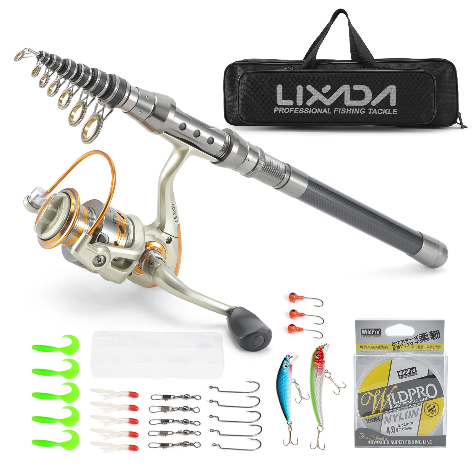 Lixada Fishing Rod Reel Combo Carbon Fiber Telescopic Fishing Rod Fishing Line Lures Hooks Jigs Swivels Saltwater Freshwater Travel Fishing Accessories Kit (Style-1 2.4M)
