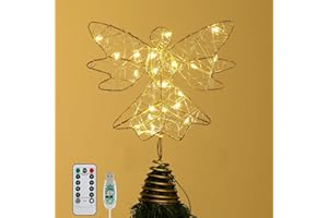 Roylvan Christmas Tree Topper Angel, USB Powered Angel Treetop Light with Remote & Timer, 3D Hollowed LED Angel Tree Topper Decoration Light for Indoor Xmas Tradition Tree Decor Home Party Decor, Gold