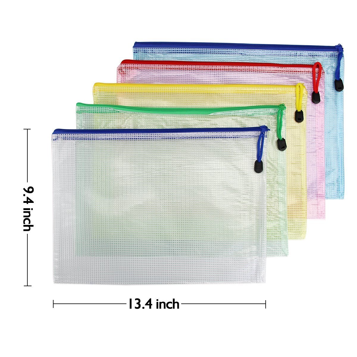 Rocita 12Pcs Zipper File Bags A4 Size Mesh Document Bags Office School Storage Pouches for Document Business Receipts Organization - 5 Color