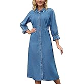 CIMUK Women Denim Dresses Midi 2025 Casual Ruffle 3/4 Sleeve Jean Button Down Shirt Dress