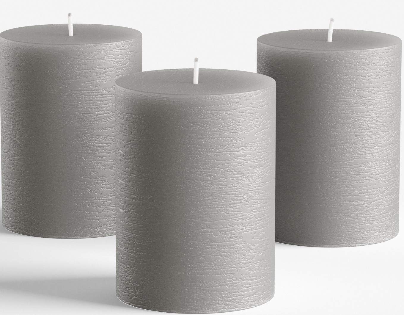 Set of 3 Grey Pillar Candles 3" x 4" Gray Rustic Unscented Dripless