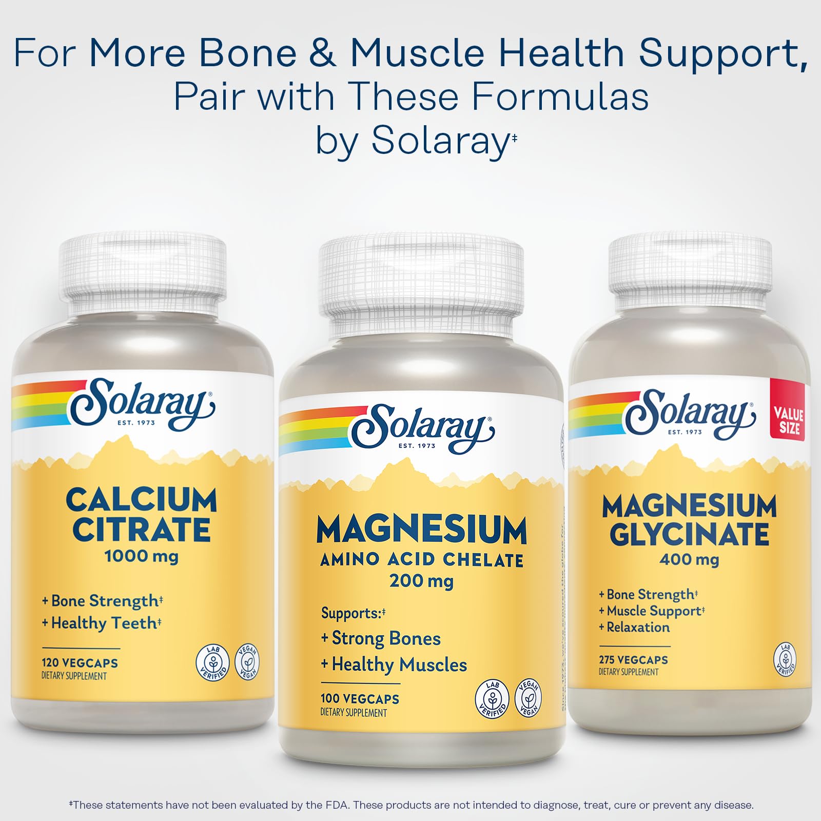 SOLARAY Magnesium Amino Acid Chelate 200 mg, Chelated Magnesium Supplement for Bone Health, Heart Health and Muscle Function Support, Vegan, 60-Day Money Back Guarantee, 100 Servings, 100 VegCaps
