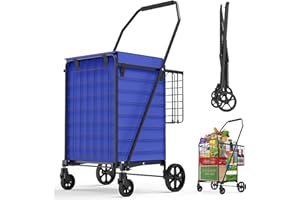 JIALIJIU Folding Shopping Cart, Portable Heavy Duty Trolley with Swivel Wheels, Lightweight Double Basket Grocery Carts for Laundry, Luggage, Books, Space-Saving Design, with Blue Waterproof Bag